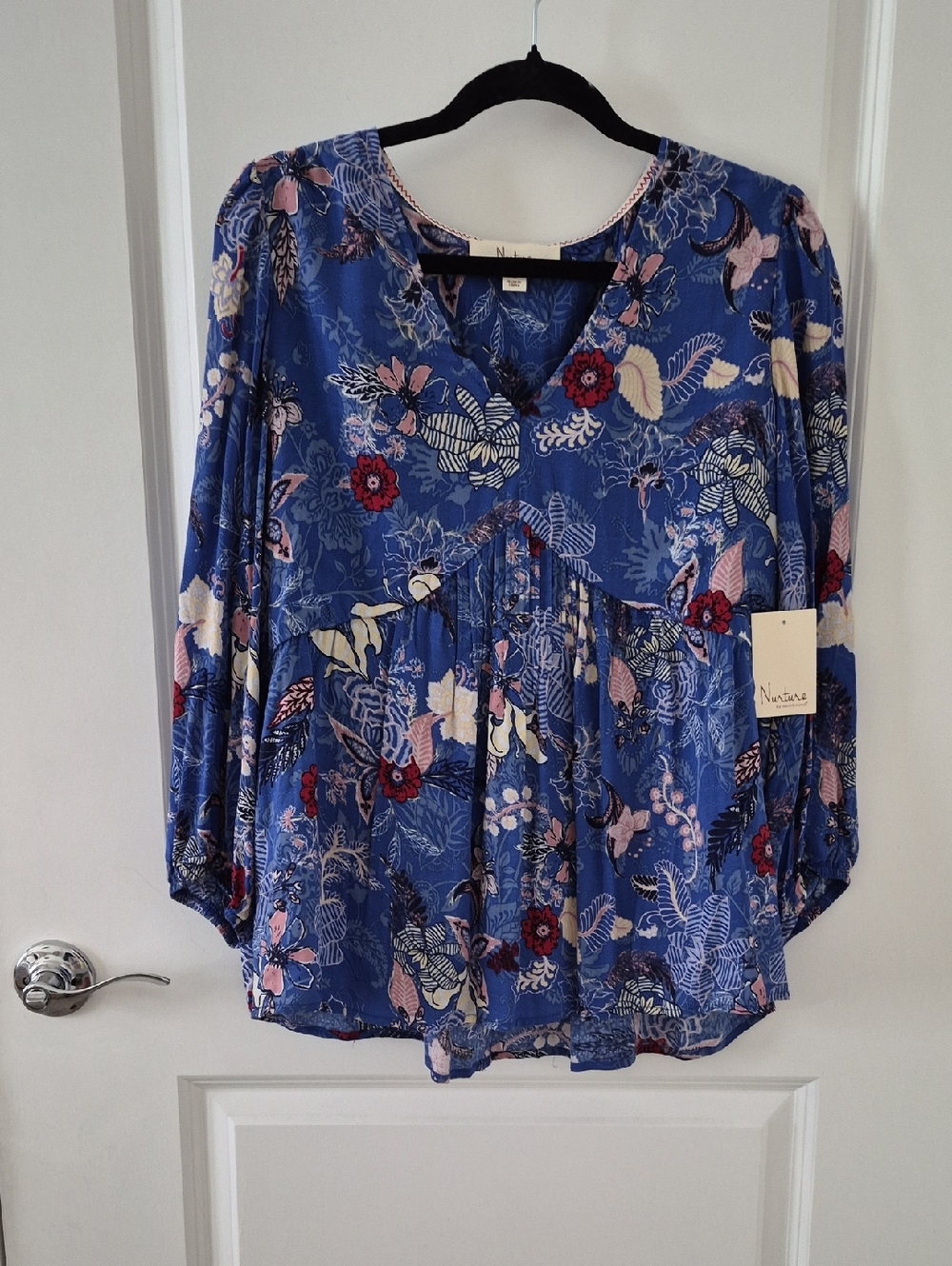 Navy Blue Floral V-Neck Peasant Blouse